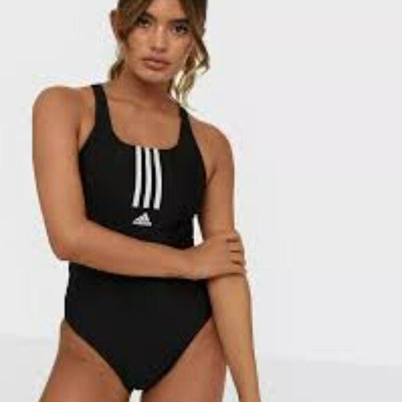 ADIDAS MID 3- STRIPES INFINITEX OPEN-BACK ONE PIECE SWIMSUIT BLACK JUNIOR US 32" - Picture 1 of 8